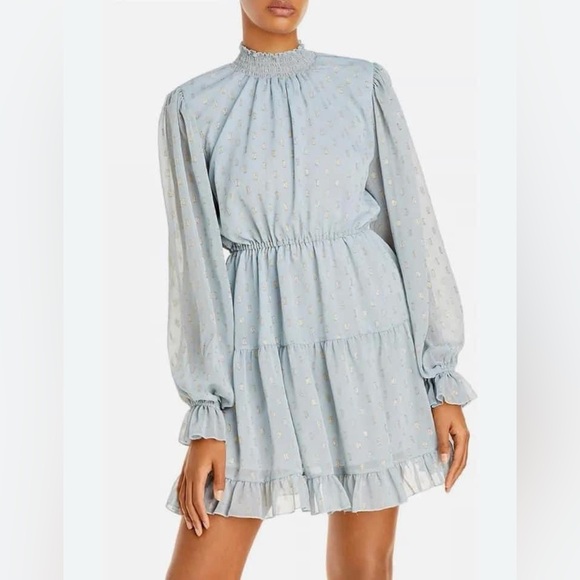 OPT small dusty blue gold shimmer polka dot dress mini ruffles long sleeve euc - Picture 1 of 4